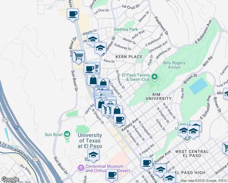 map of restaurants, bars, coffee shops, grocery stores, and more near 412 East Baltimore Drive in El Paso