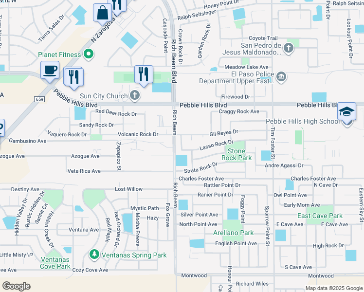 map of restaurants, bars, coffee shops, grocery stores, and more near 14158 Lasso Rock Drive in El Paso