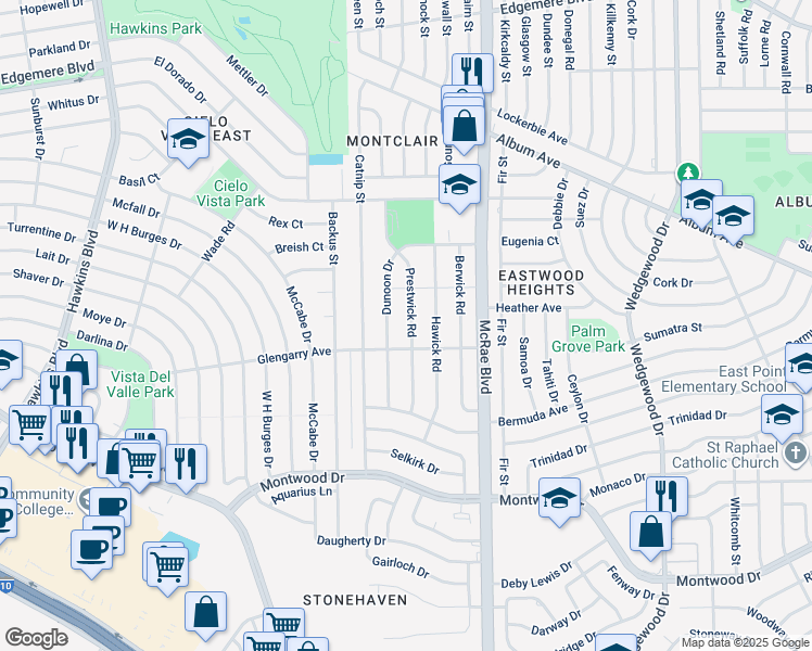 map of restaurants, bars, coffee shops, grocery stores, and more near 2713 Prestwick Road in El Paso