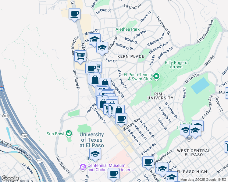 map of restaurants, bars, coffee shops, grocery stores, and more near 408 East Baltimore Drive in El Paso