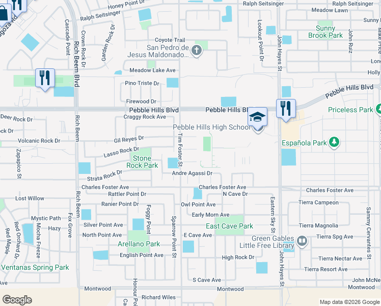 map of restaurants, bars, coffee shops, grocery stores, and more near 14308 Pancho Gonzalez Court in El Paso