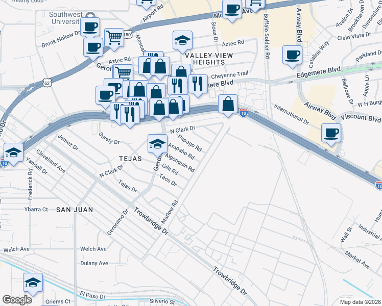 map of restaurants, bars, coffee shops, grocery stores, and more near 6256 Papago Road in El Paso