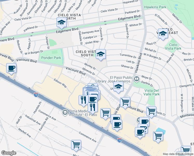 map of restaurants, bars, coffee shops, grocery stores, and more near 8400 Mineola Drive in El Paso