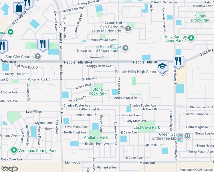 map of restaurants, bars, coffee shops, grocery stores, and more near 2713 Snowy Rock Place in El Paso
