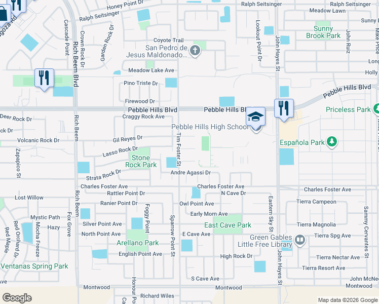 map of restaurants, bars, coffee shops, grocery stores, and more near 14308 Pancho Gonzalez Court in El Paso