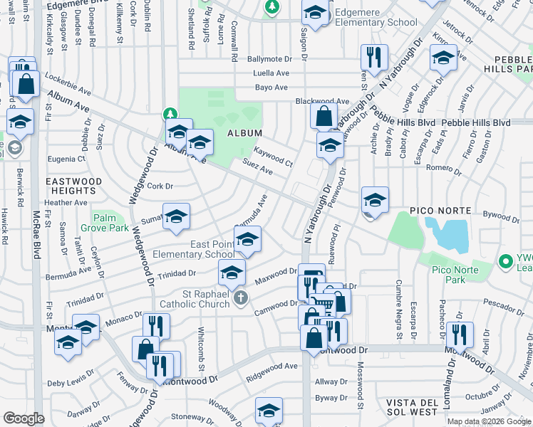 map of restaurants, bars, coffee shops, grocery stores, and more near 10240 Bermuda Avenue in El Paso