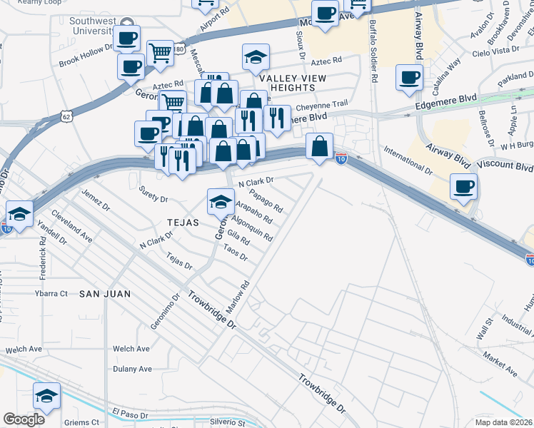 map of restaurants, bars, coffee shops, grocery stores, and more near 6256 Papago Road in El Paso