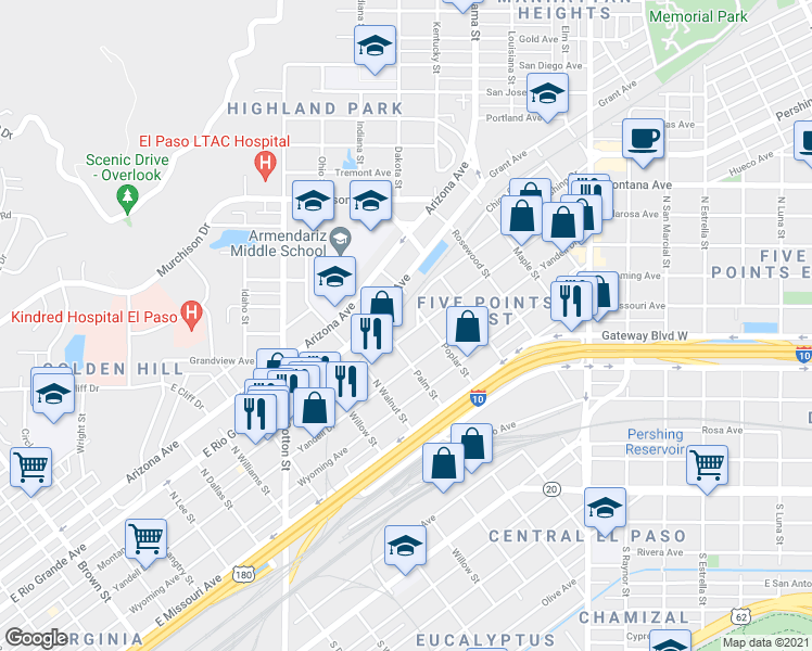 map of restaurants, bars, coffee shops, grocery stores, and more near 2323 Montana Avenue in El Paso
