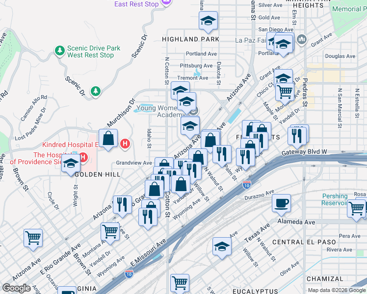 map of restaurants, bars, coffee shops, grocery stores, and more near 2200 Arizona Avenue in El Paso