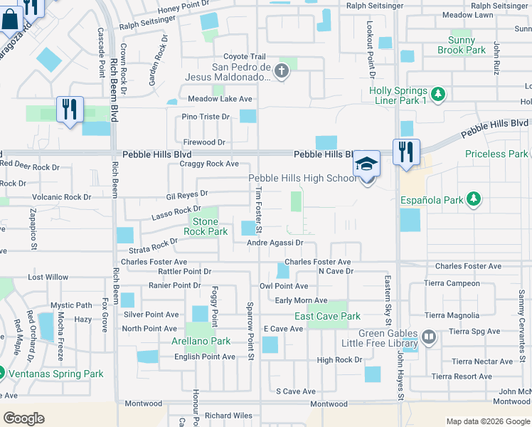 map of restaurants, bars, coffee shops, grocery stores, and more near 14302 Pancho Gonzalez Court in El Paso