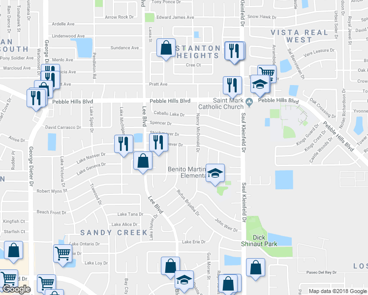 map of restaurants, bars, coffee shops, grocery stores, and more near 2449 John Cox Place in El Paso