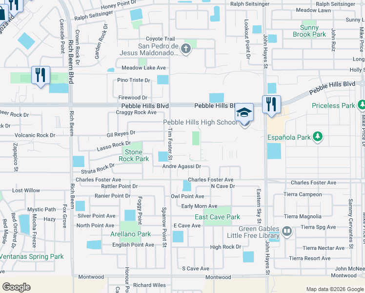 map of restaurants, bars, coffee shops, grocery stores, and more near 14308 Pancho Gonzalez Court in El Paso