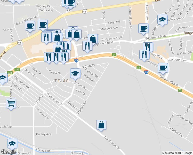 map of restaurants, bars, coffee shops, grocery stores, and more near 6256 Papago Road in El Paso