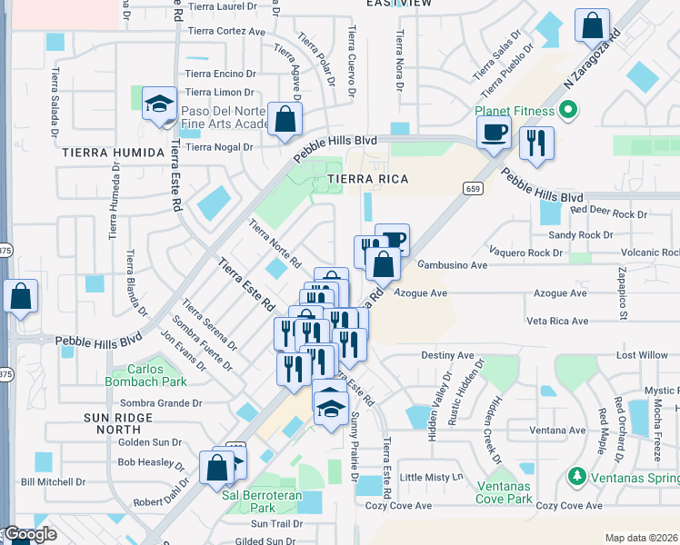 map of restaurants, bars, coffee shops, grocery stores, and more near 2428 Tierra Negra Drive in El Paso