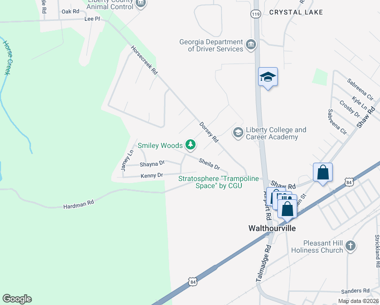 map of restaurants, bars, coffee shops, grocery stores, and more near 233 Sheila Drive in Hinesville