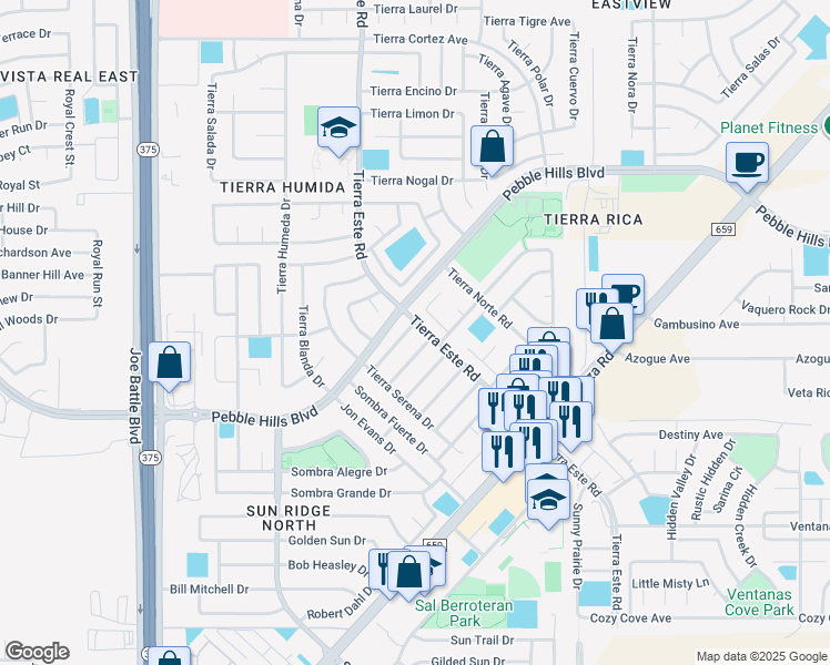 map of restaurants, bars, coffee shops, grocery stores, and more near 2256 Tierra Alegre Way in El Paso