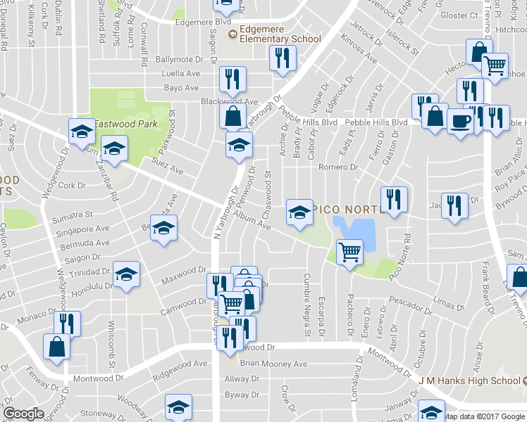 map of restaurants, bars, coffee shops, grocery stores, and more near 10428 Bywood Drive in El Paso
