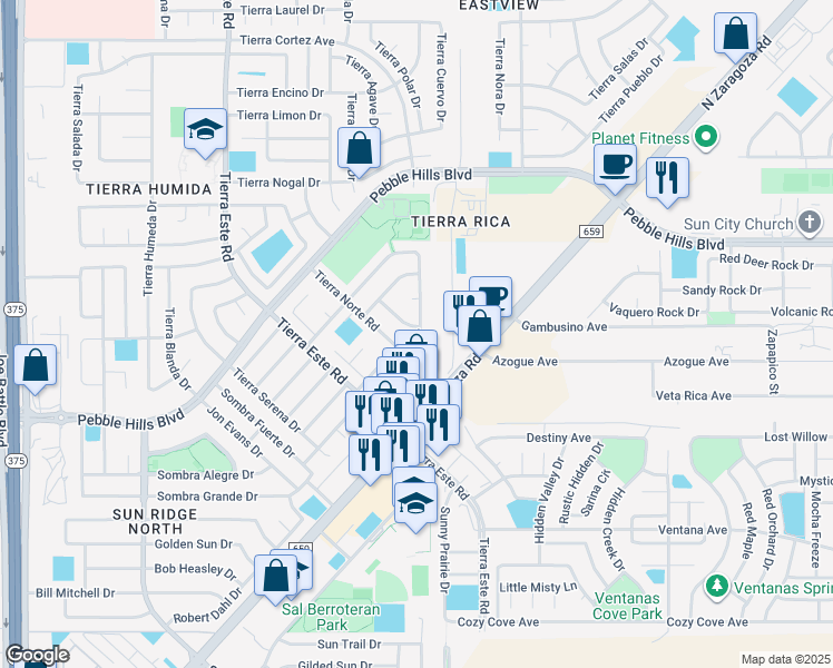 map of restaurants, bars, coffee shops, grocery stores, and more near 12612 Tierra Dura Drive in El Paso