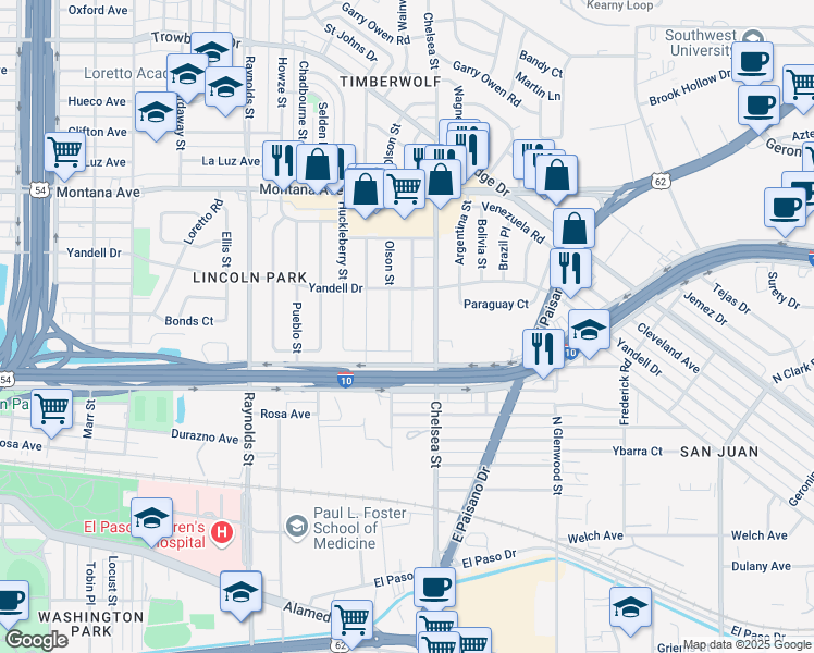 map of restaurants, bars, coffee shops, grocery stores, and more near 605 Cardon Street in El Paso