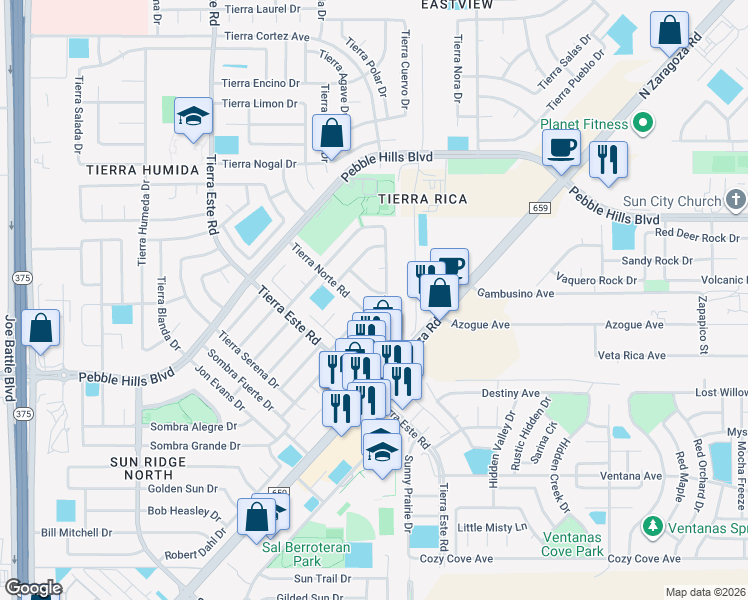 map of restaurants, bars, coffee shops, grocery stores, and more near 12612 Tierra Dura Drive in El Paso