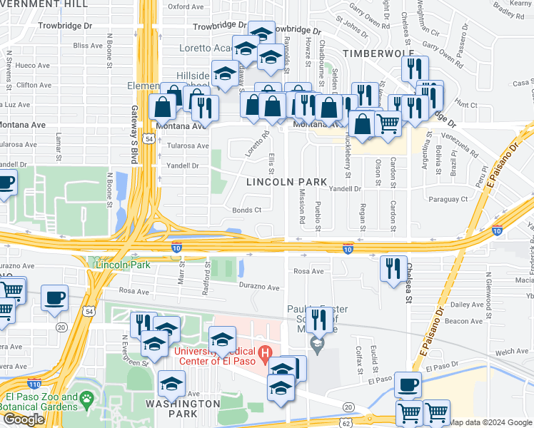 map of restaurants, bars, coffee shops, grocery stores, and more near 4638 Bonds Court in El Paso
