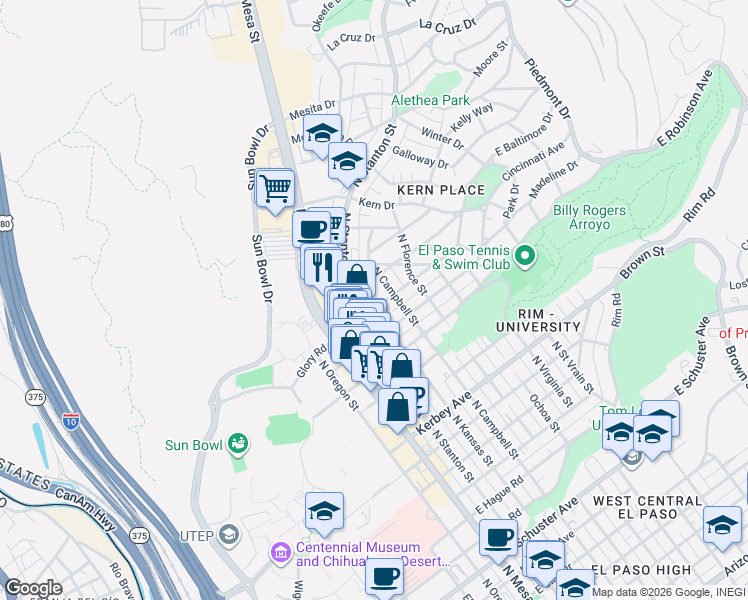 map of restaurants, bars, coffee shops, grocery stores, and more near 408 East Baltimore Drive in El Paso