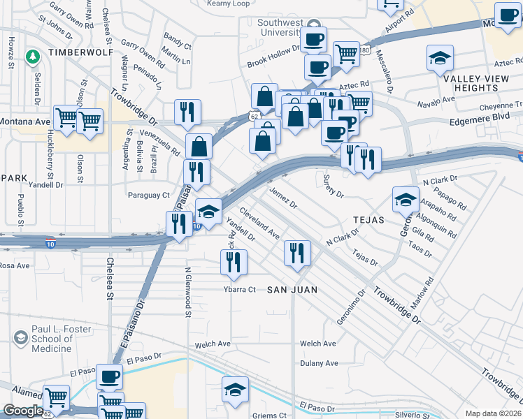map of restaurants, bars, coffee shops, grocery stores, and more near 5910 Trowbridge Drive in El Paso