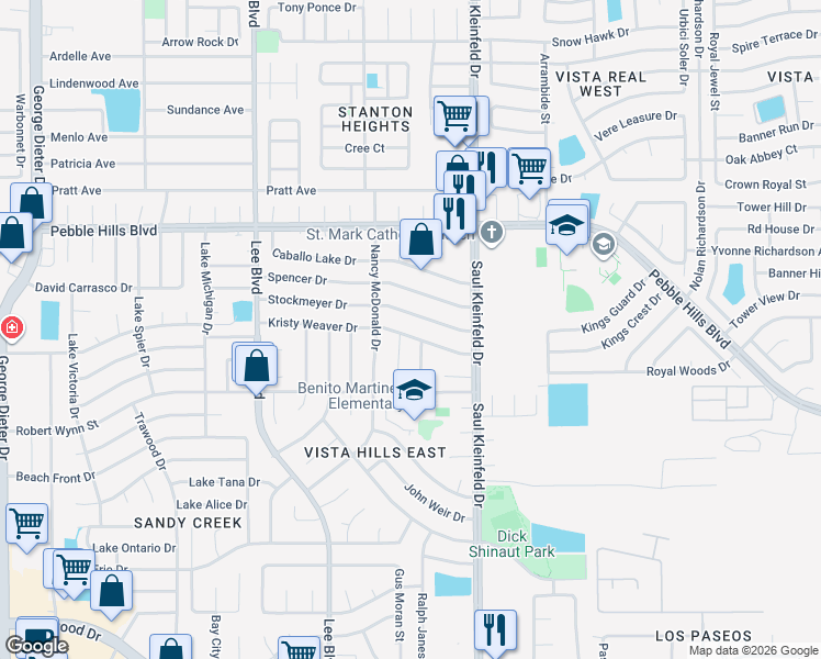 map of restaurants, bars, coffee shops, grocery stores, and more near 11629 Kristy Weaver Drive in El Paso