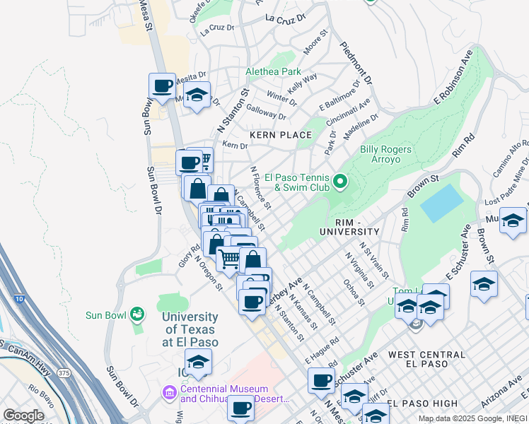 map of restaurants, bars, coffee shops, grocery stores, and more near 511 Cincinnati Avenue in El Paso