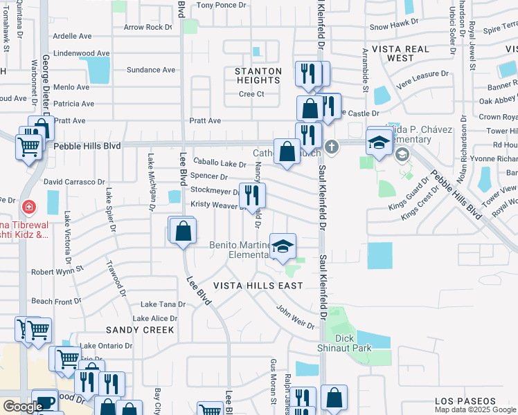map of restaurants, bars, coffee shops, grocery stores, and more near 2504 Nancy McDonald Drive in El Paso