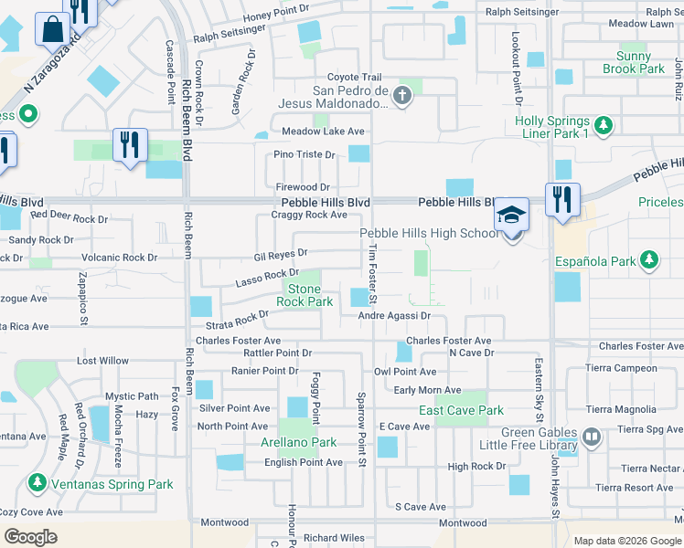 map of restaurants, bars, coffee shops, grocery stores, and more near 2713 Snowy Rock Place in El Paso