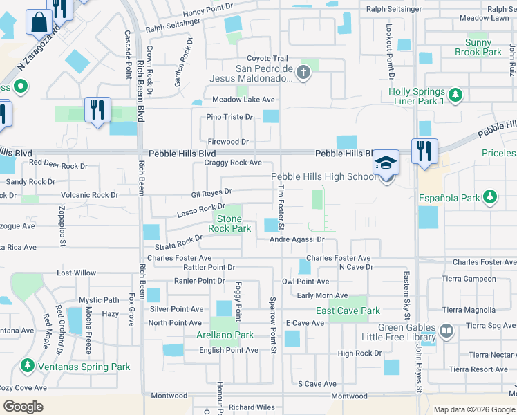 map of restaurants, bars, coffee shops, grocery stores, and more near 2713 Snowy Rock Place in El Paso
