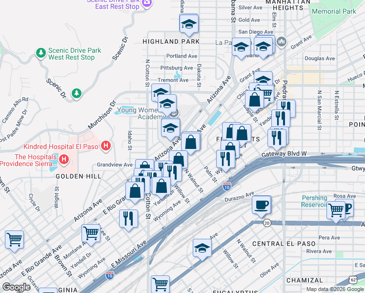 map of restaurants, bars, coffee shops, grocery stores, and more near 2228 Grant Avenue in El Paso