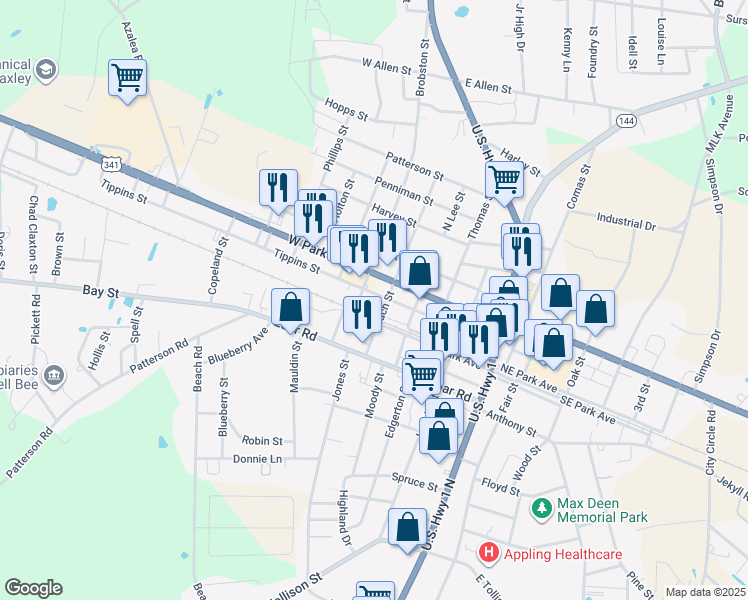 map of restaurants, bars, coffee shops, grocery stores, and more near 317 Tippins Street in Baxley