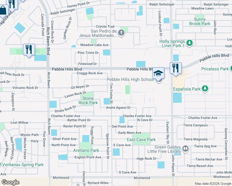 map of restaurants, bars, coffee shops, grocery stores, and more near Pancho Gonzalez Court in El Paso