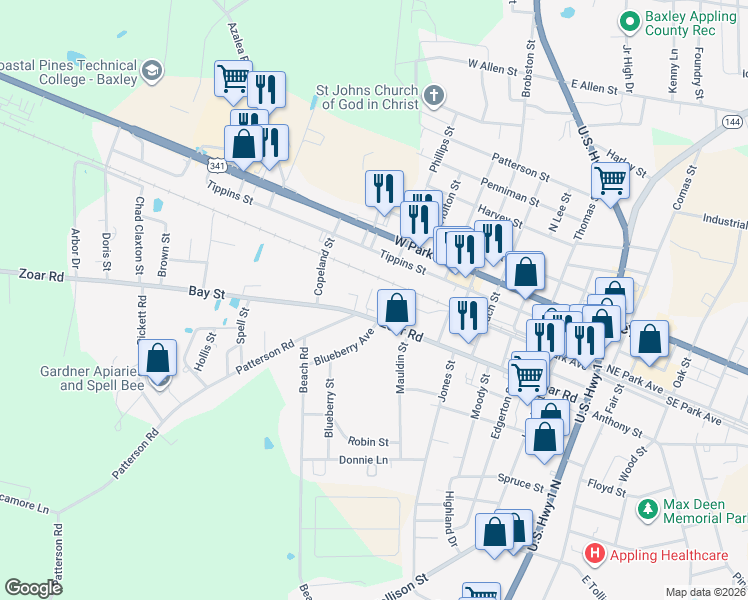 map of restaurants, bars, coffee shops, grocery stores, and more near 580 Bay Street in Baxley
