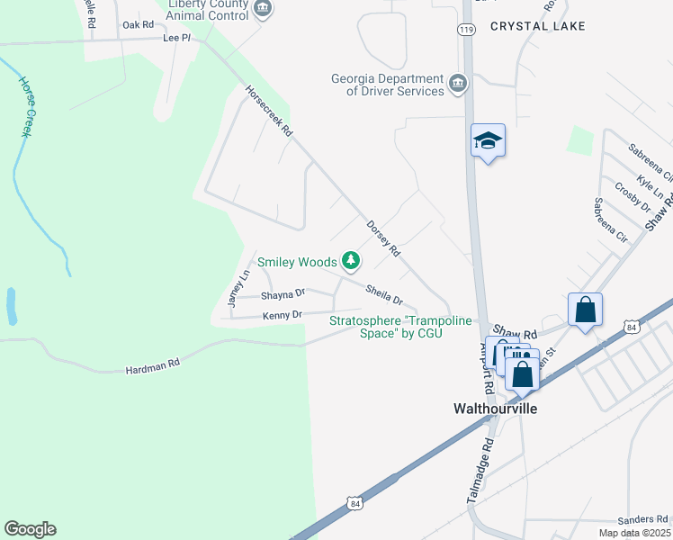 map of restaurants, bars, coffee shops, grocery stores, and more near 271 Sheila Drive in Hinesville