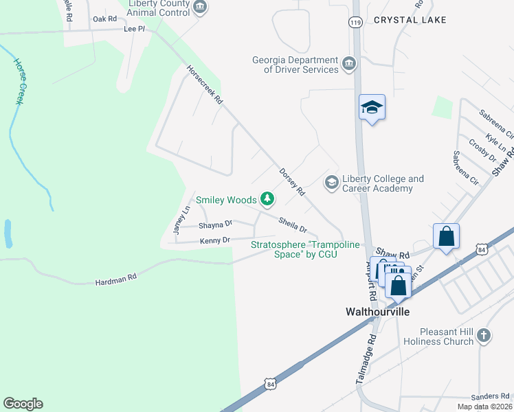 map of restaurants, bars, coffee shops, grocery stores, and more near 233 Sheila Drive in Hinesville