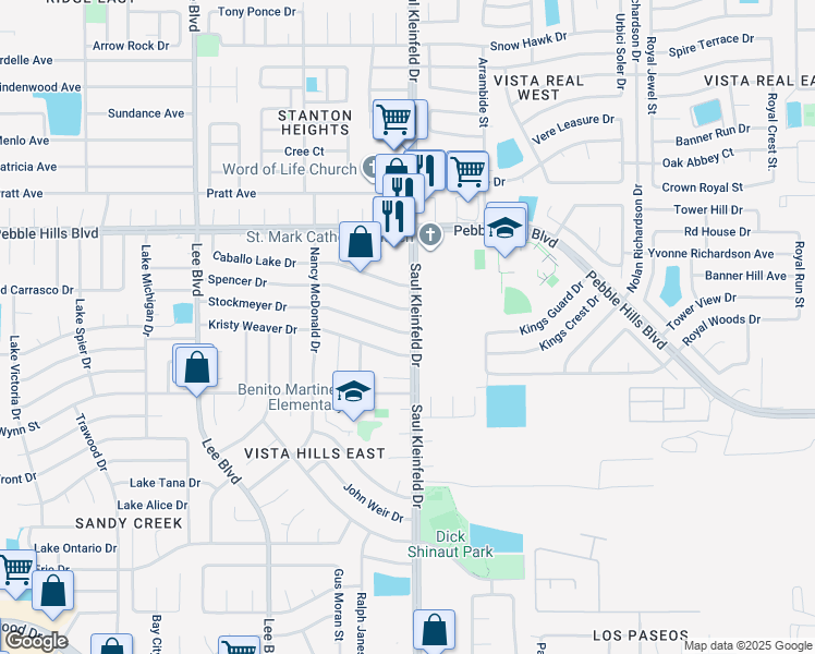 map of restaurants, bars, coffee shops, grocery stores, and more near 11685 Stockmeyer Drive in El Paso