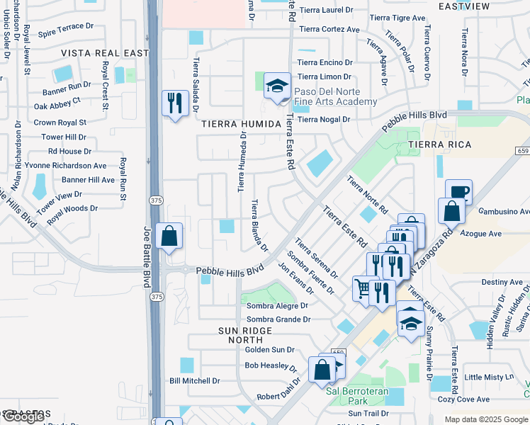 map of restaurants, bars, coffee shops, grocery stores, and more near 12328 Tierra Baja Way in El Paso