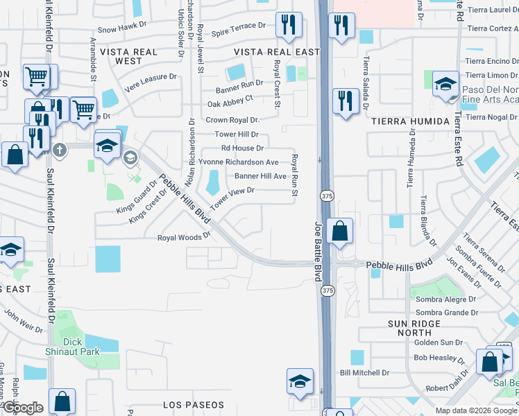 map of restaurants, bars, coffee shops, grocery stores, and more near 2803 Castle Hill Circle in El Paso
