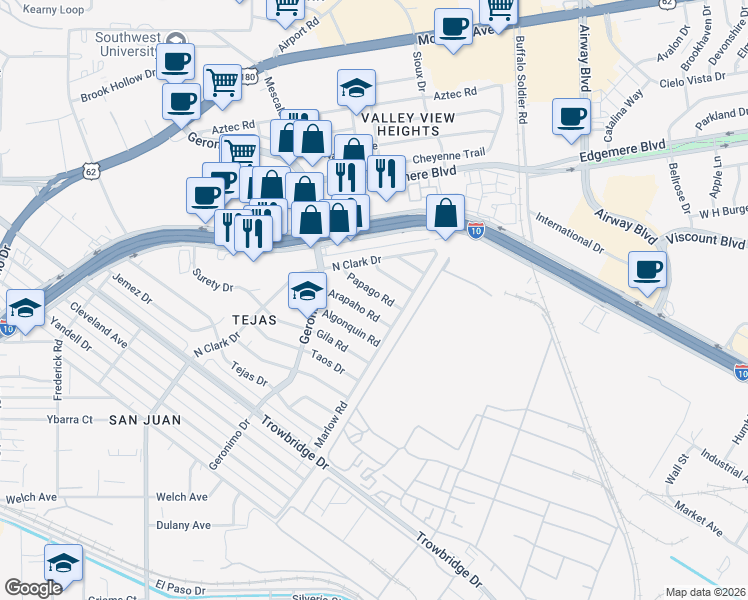 map of restaurants, bars, coffee shops, grocery stores, and more near 6256 Papago Road in El Paso