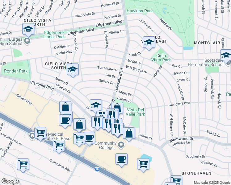 map of restaurants, bars, coffee shops, grocery stores, and more near 1300 Hawkins Boulevard in El Paso