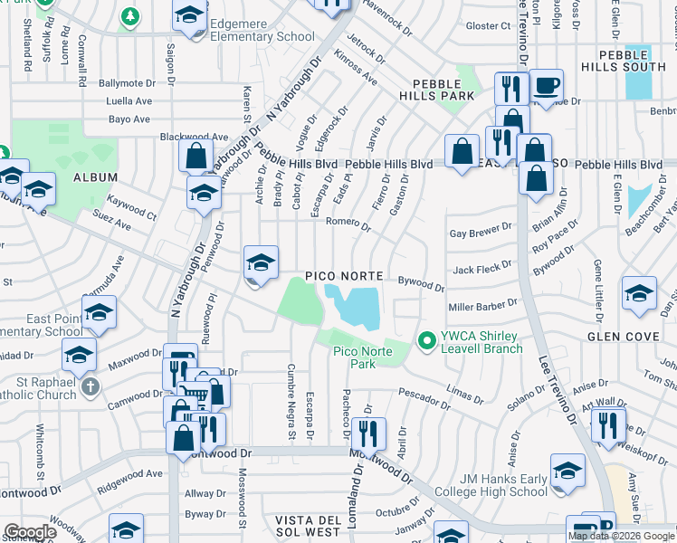 map of restaurants, bars, coffee shops, grocery stores, and more near 2700 Eads Place in El Paso