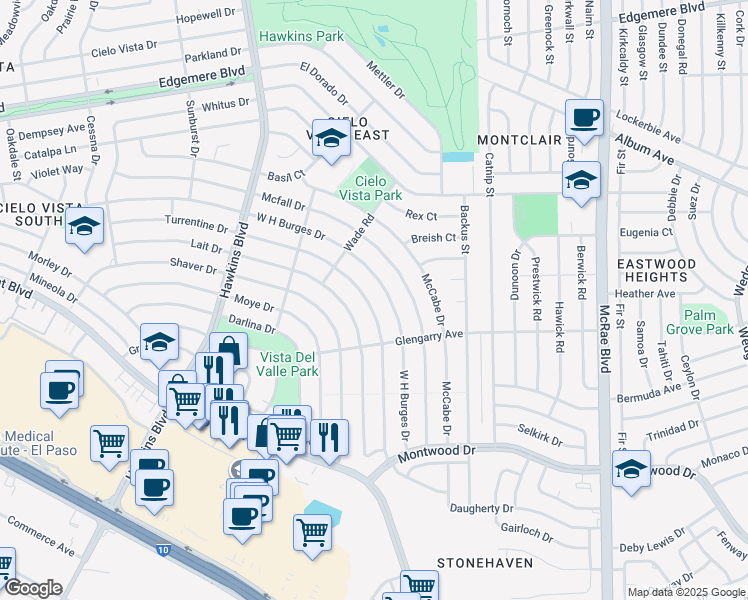 map of restaurants, bars, coffee shops, grocery stores, and more near 9141 Turrentine Drive in El Paso