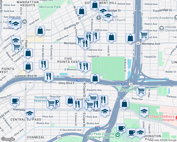 map of restaurants, bars, coffee shops, grocery stores, and more near 3601 Gateway Boulevard West in El Paso