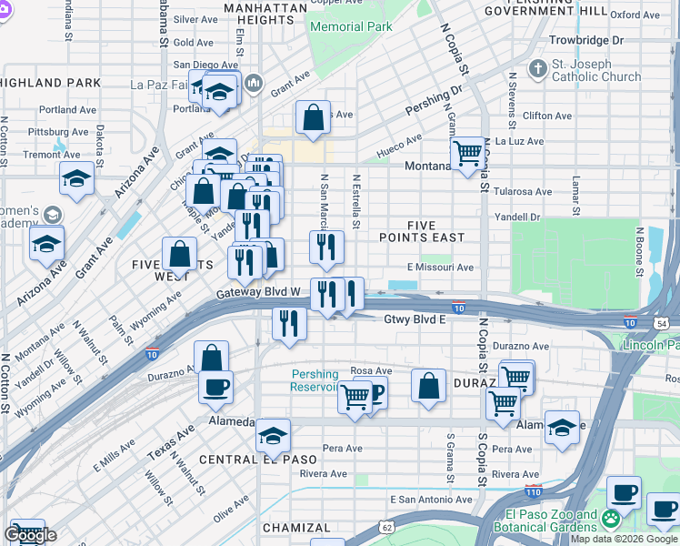 map of restaurants, bars, coffee shops, grocery stores, and more near 3111 Gateway Boulevard West in El Paso