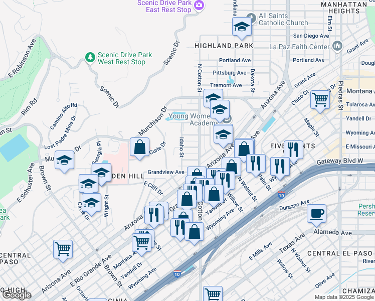 map of restaurants, bars, coffee shops, grocery stores, and more near 2013 Atlanta Avenue in El Paso