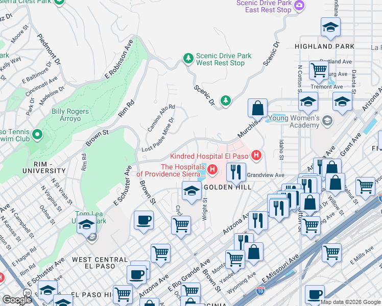 map of restaurants, bars, coffee shops, grocery stores, and more near 1712 Georgia Place in El Paso