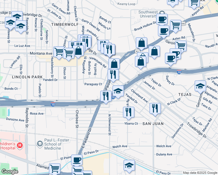 map of restaurants, bars, coffee shops, grocery stores, and more near 5634 East Paisano Drive in El Paso